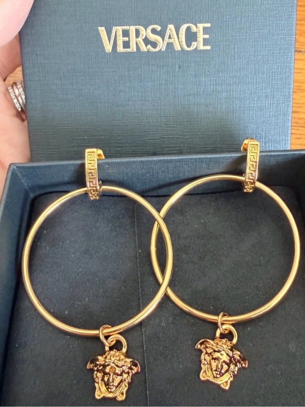 VERSACE Gold Hoop Earrings with Medusa pendant NEW IN BOX - Picture 6 of 11